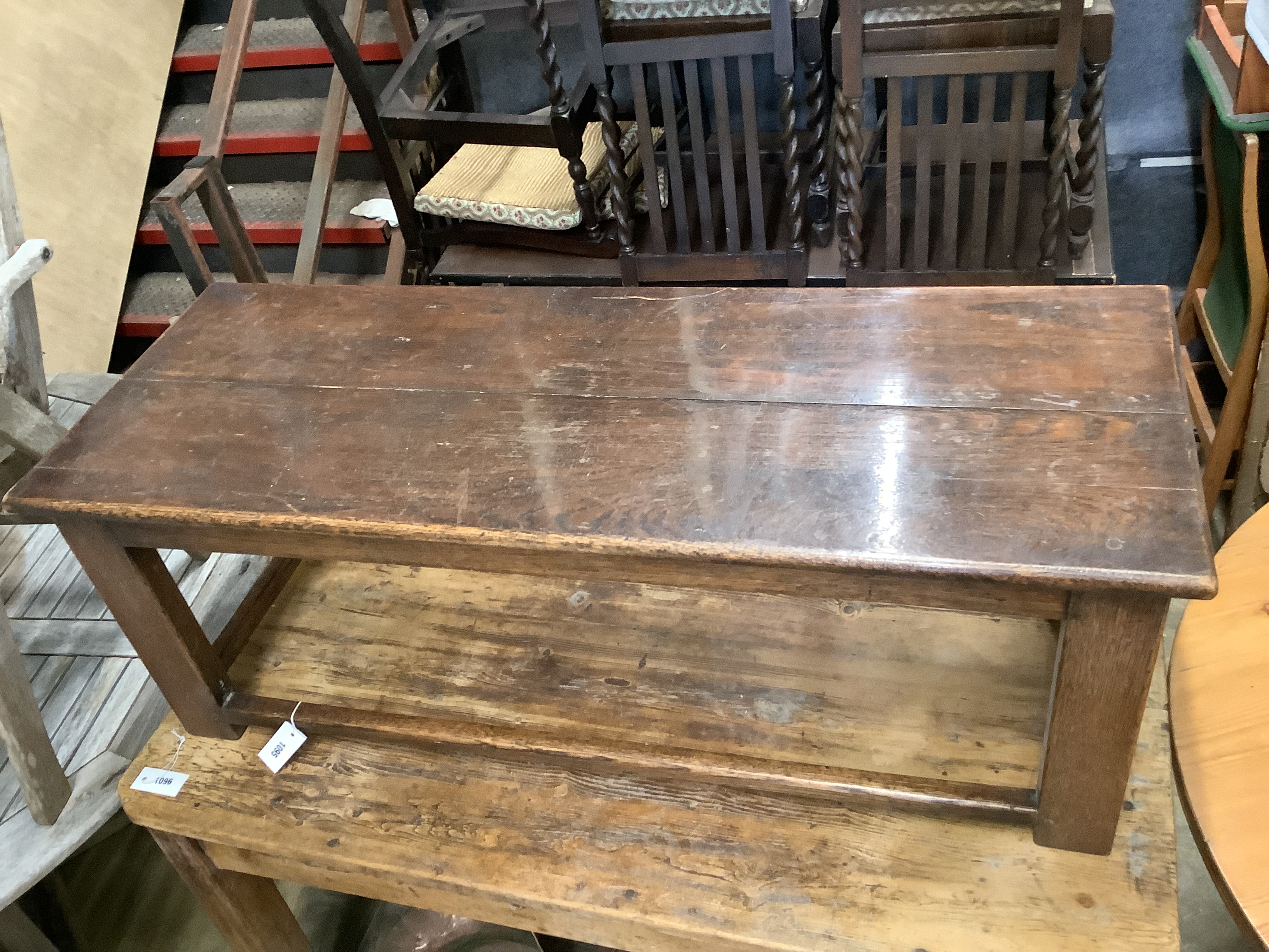 An 18th century style rectangular oak low table, width 126cm, depth 47cm, height 46cm